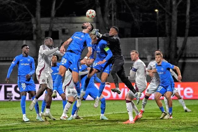 RIGA, 23-01-2025 , Daugava Stadium , football, UEFA Europa League, season 2024 2025, Match between RFS and Ajax. Ajax player Brian Brobbeyn RFS player Stefan Panic and RFS goalkeeper Fabrice Ondoa RFS - Ajax  x27528036x Copyright: