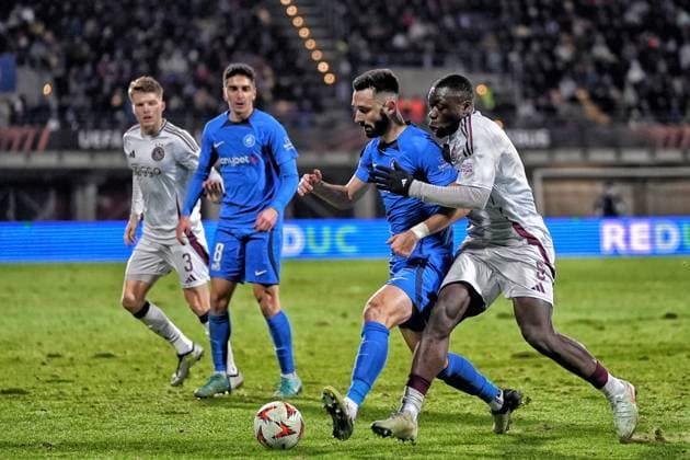 RIGA, 23-01-2025 , Daugava Stadium , football, UEFA Europa League, season 2024 2025, Match between RFS and Ajax. Ajax player Brian Brobbey and RFS player Stefan Panic RFS - Ajax  x27528050x Copyright: