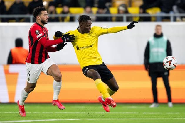 250123 Mohamed Abdelmonem of Nice and Jalal Abdullai of Elfsborg during the Europa League football match between Elfsborg and Nice on January 23, 2025 in Boras. Photo: Jörgen Jarnberger BILDBYRAN COP 112 JJ0433 fotboll football soccer fotball uefa europa league europa league elfsborg nice bbeng Copyright: JÖRGENxJARNBERGER BB250123JJ019