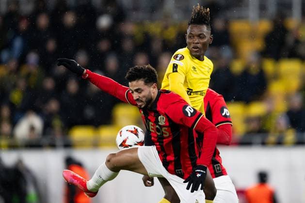 250123 Mohamed Abdelmonem of Nice and Jalal Abdullai of Elfsborg during the Europa League football match between Elfsborg and Nice on January 23, 2025 in Boras. Photo: Jörgen Jarnberger BILDBYRAN COP 112 JJ0433 fotboll football soccer fotball uefa europa league europa league elfsborg nice bbeng Copyright: JÖRGENxJARNBERGER BB250123JJ026