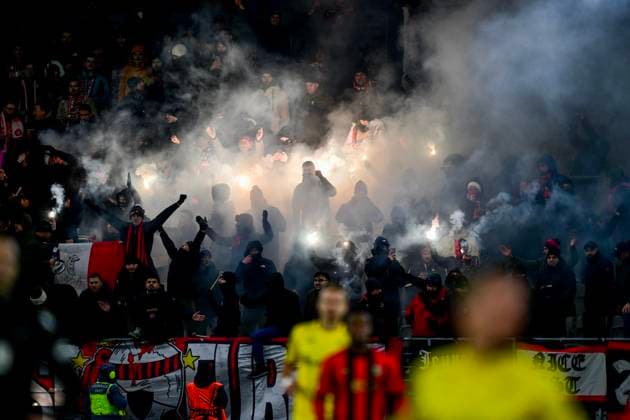 BORAS, SVERIGE 20250123 Nice s supportrar under torsdagens grundseriematch i Uefa Europa League i fotboll mellan IF Elfsborg och OGC Nice pa Boras arena. BORAS SVERIGE x9200x