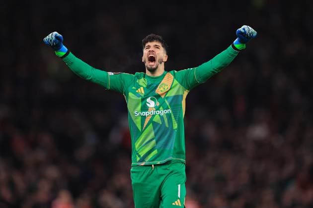Manchester United, ManU v Rangers FC 23 January 2025 - UEFA Europa League - Manchester United v Rangers - Manchester United goalkeeper Altay Bayindir celebrates the opening goal - Photo: Simon Stacpoole Offside. Manchester UK Copyright: xSimonxStacpoolexOffside