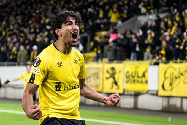 250123 Ahmed Qasem of Elfsborg celebrates after 1-0 scored by Gustav Henriksson (not pictured) during the Europa League football match between Elfsborg and Nice on January 23, 2025 in Boras. Photo: Jörgen Jarnberger BILDBYRAN COP 112 JJ0433 fotboll football soccer fotball uefa europa league europa league elfsborg nice bbeng jubel Copyright: JÖRGENxJARNBERGER BB250123JJ044
