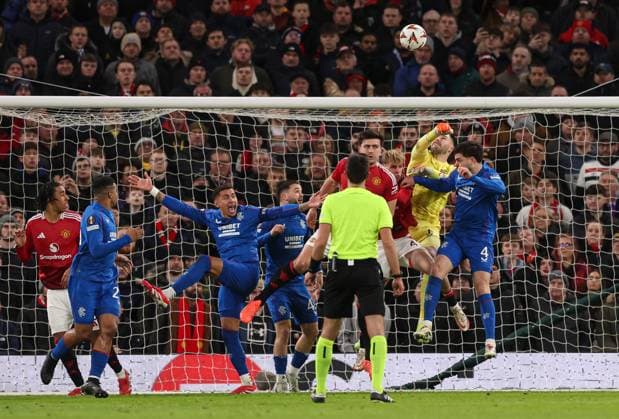 Jack Butland of Rangers punches the ball into their own net to make it 1-0 Manchester United, ManU v Rangers, UEFA Europa League, Group Stage, Football, Old Trafford, Manchester, UK - 23 Jan 2025 EDITORIAL USE ONLY No use with unauthorised audio, video, data, fixture lists, club league logos or live services. Online in-match use limited to 120 images, no video emulation. No use in betting, games or single club league player publications. Copyright: xPaulxCurrie Shutterstockx 15108899cv
