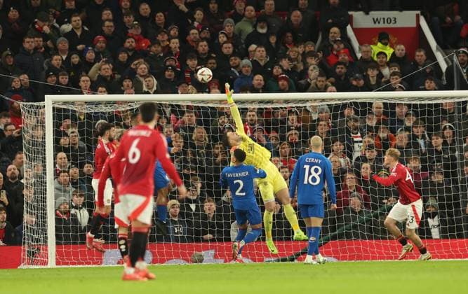Rangers goalkeeper Jack Butland makes a save during the Europa League group phase match at Old Trafford, Manchester. Manchester United, ManU v Rangers, UEFA Europa League, Group Stage, Football, Old Trafford, Manchester, UK - 23 Jan 2025 EDITORIAL USE ONLY No use with unauthorised audio, video, data, fixture lists, club league logos or live services. Online in-match use limited to 120 images, no video emulation. No use in betting, games or single club league player publications. Copyright: xRangersxFC Shutterstockx 15111693gn