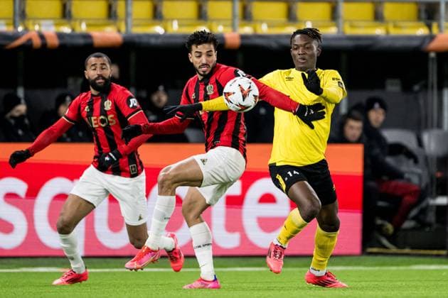 250123 Mohamed Abdelmonem of Nice and Jalal Abdullai of Elfsborg during the Europa League football match between Elfsborg and Nice on January 23, 2025 in Boras. Photo: Jörgen Jarnberger BILDBYRAN COP 112 JJ0433 fotboll football soccer fotball uefa europa league europa league elfsborg nice bbeng Copyright: JÖRGENxJARNBERGER BB250123JJ054