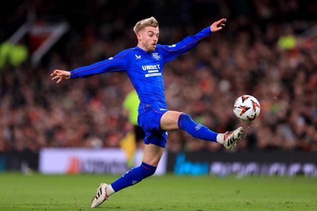 Manchester United, ManU v Rangers FC 23 January 2025 - UEFA Europa League - Manchester United v Rangers - Ross McCausland of Rangers stretches to control the ball - Photo: Simon Stacpoole Offside. Manchester UK Copyright: xSimonxStacpoolexOffside