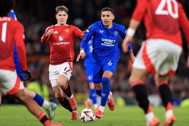 Manchester United, ManU v Rangers FC 23 January 2025 - UEFA Europa League - Manchester United v Rangers - Alejandro Garnacho of Manchester United and James Tavernier of Rangers - Photo: Simon Stacpoole Offside. Manchester UK Copyright: xSimonxStacpoolexOffside