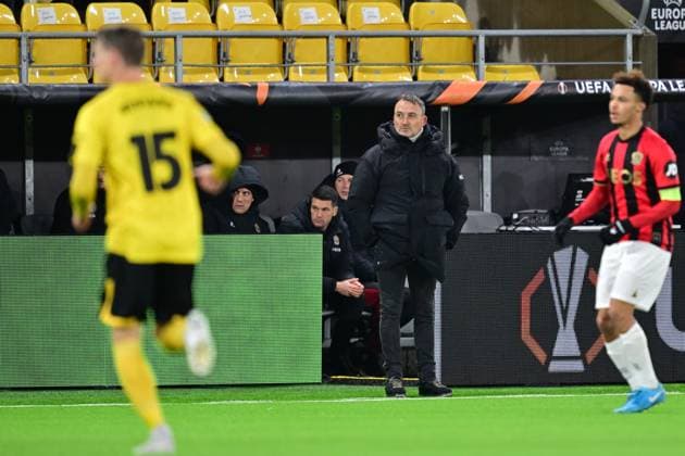 BORAS, SVERIGE 20250123 Nice s tränare Franck Haise under torsdagens grundseriematch i Uefa Europa League i fotboll mellan IF Elfsborg och OGC Nice pa Boras arena. BORAS SVERIGE x9200x