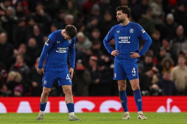Nicolas Raskin of Rangers (L) and Robin Pröpper of Rangers show a look of dejection after the second goal Manchester United, ManU v Rangers, UEFA Europa League, Group Stage, Football, Old Trafford, Manchester, UK - 23 Jan 2025 EDITORIAL USE ONLY No use with unauthorised audio, video, data, fixture lists, club league logos or live services. Online in-match use limited to 120 images, no video emulation. No use in betting, games or single club league player publications. Copyright: xPaulxCurrie Shutterstockx 15108899fe