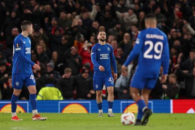 Nicolas Raskin of Rangers shows a look of dejection after the second goal Manchester United, ManU v Rangers, UEFA Europa League, Group Stage, Football, Old Trafford, Manchester, UK - 23 Jan 2025 EDITORIAL USE ONLY No use with unauthorised audio, video, data, fixture lists, club league logos or live services. Online in-match use limited to 120 images, no video emulation. No use in betting, games or single club league player publications. Copyright: xPaulxCurrie Shutterstockx 15108899ez