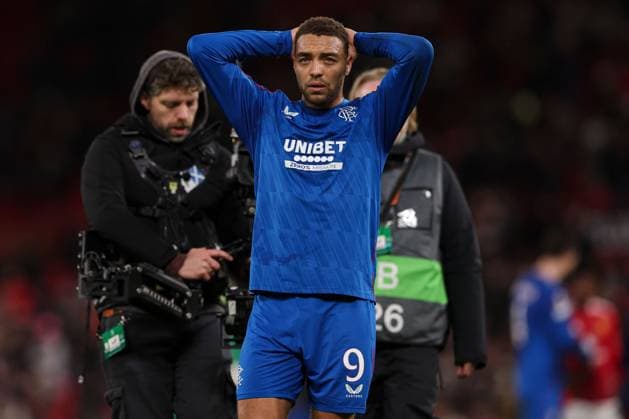 Cyriel Dessers of Rangers shows a look of dejection at full-time Manchester United, ManU v Rangers, UEFA Europa League, Group Stage, Football, Old Trafford, Manchester, UK - 23 Jan 2025 EDITORIAL USE ONLY No use with unauthorised audio, video, data, fixture lists, club league logos or live services. Online in-match use limited to 120 images, no video emulation. No use in betting, games or single club league player publications. Copyright: xPaulxCurrie Shutterstockx 15108899gb