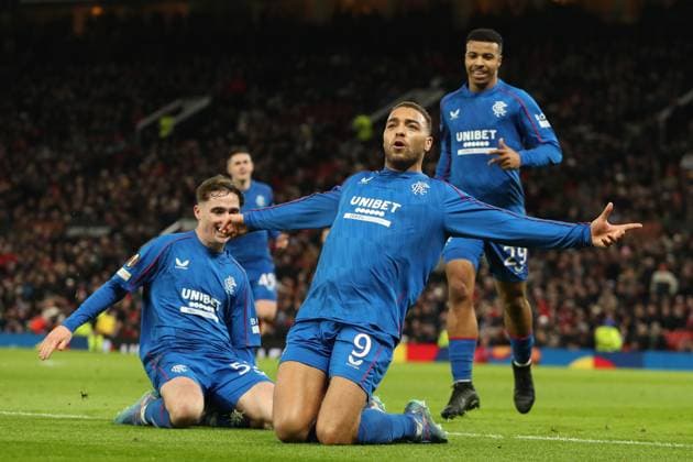 Cyriel Dessers of Rangers celebrates his goal during the Europa League group phase match at Old Trafford, Manchester. Manchester United, ManU v Rangers, UEFA Europa League, Group Stage, Football, Old Trafford, Manchester, UK - 23 Jan 2025 EDITORIAL USE ONLY No use with unauthorised audio, video, data, fixture lists, club league logos or live services. Online in-match use limited to 120 images, no video emulation. No use in betting, games or single club league player publications. Copyright: xRangersxFC Shutterstockx 15111693jh