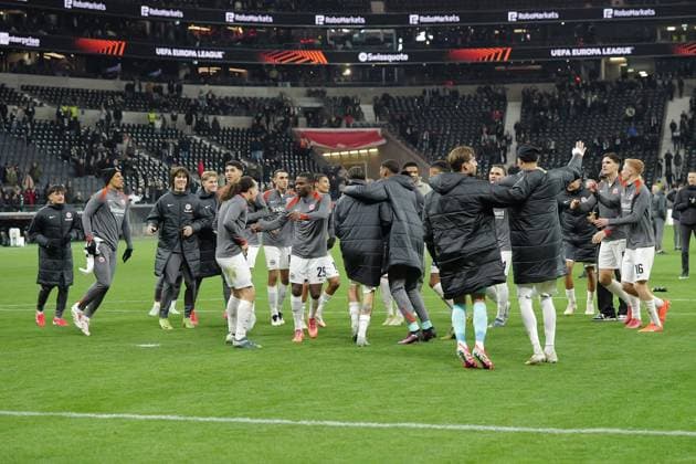 23.01.2025, xovx, Fussball UEFA Europa League, Eintracht Frankfurt - Ferencvaros Budapest emspor, v.l. Jubel, Freude über den Sieg bei Frankfurt (DFL DFB REGULATIONS PROHIBIT ANY USE OF PHOTOGRAPHS as IMAGE SEQUENCES and or QUASI-VIDEO) Frankfurt am Main