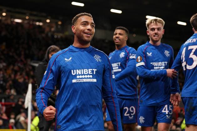 Cyriel Dessers of Rangers celebrates scoring a goal for their side to make it 1-1 Manchester United, ManU v Rangers, UEFA Europa League, Group Stage, Football, Old Trafford, Manchester, UK - 23 Jan 2025 EDITORIAL USE ONLY No use with unauthorised audio, video, data, fixture lists, club league logos or live services. Online in-match use limited to 120 images, no video emulation. No use in betting, games or single club league player publications. Copyright: xPaulxCurrie Shutterstockx 15108899gv