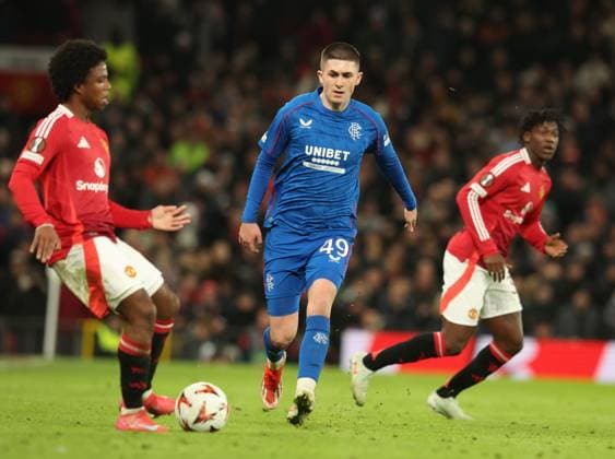 Kobbie Mainoo of Manchester United, ManU and Bailey Rice of Rangers during the Europa League group phase match at Old Trafford, Manchester. Manchester United v Rangers, UEFA Europa League, Group Stage, Football, Old Trafford, Manchester, UK - 23 Jan 2025 EDITORIAL USE ONLY No use with unauthorised audio, video, data, fixture lists, club league logos or live services. Online in-match use limited to 120 images, no video emulation. No use in betting, games or single club league player publications. Copyright: xRangersxFC Shutterstockx 15111693kx