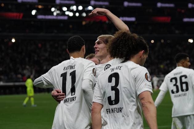 23.01.2025, xovx, Fussball UEFA Europa League, Eintracht Frankfurt - Ferencvaros Budapest emspor, v.l. Torjubel nach dem Tor zum celebrating the goal celebrate 2:0 durch Hugo Ekitike (Eintracht Frankfurt) (DFL DFB REGULATIONS PROHIBIT ANY USE OF PHOTOGRAPHS as IMAGE SEQUENCES and or QUASI-VIDEO) Frankfurt am Main