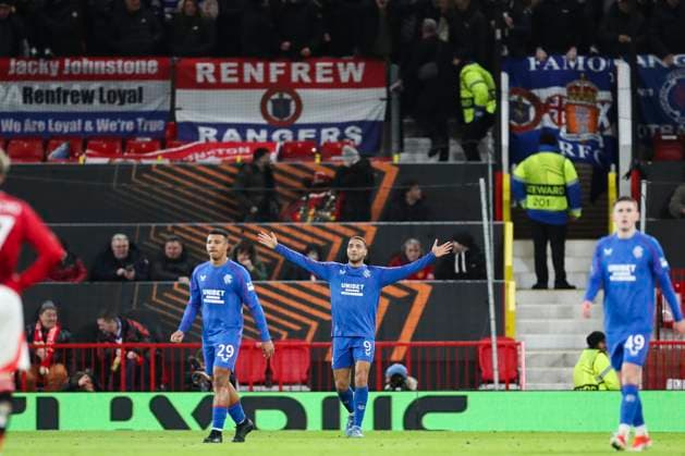 Manchester United, ManU FC v Glasgow Rangers FC Glasgow Rangers forward Cyriel Dessers (9) scores a GOAL 1-1 and celebrates during the Manchester United FC v Glasgow Rangers FC UEFA Europa League Round 1 match at Old Trafford, Manchester, England, United Kingdom on 23 January 2025 Credit: Phil Duncan Every Second Media Editorial use only. All images are copyright Every Second Media Limited. No images may be reproduced without prior permission. Copyright: xIMAGO EveryxSecondxMediax ESM-1295-0041