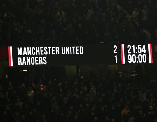 The full time score during the Europa League group phase match at Old Trafford, Manchester. Manchester United, ManU v Rangers, UEFA Europa League, Group Stage, Football, Old Trafford, Manchester, UK - 23 Jan 2025 EDITORIAL USE ONLY No use with unauthorised audio, video, data, fixture lists, club league logos or live services. Online in-match use limited to 120 images, no video emulation. No use in betting, games or single club league player publications. Copyright: xRangersxFC Shutterstockx 15111693lx
