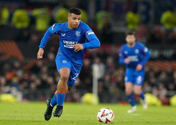 Manchester, England, 23rd January 2025. Hamza Igamane of Rangers during the UEFA Europa League match at Old Trafford, Manchester. Picture credit should read: Andrew Yates Sportimage EDITORIAL USE ONLY. No use with unauthorised audio, video, data, fixture lists, club league logos or live services. Online in-match use limited to 120 images, no video emulation. No use in betting, games or single club league player publications. SPI_066_AY_MAN_UTD_RANGERS SPI-3616-0064