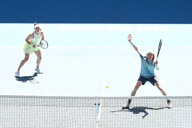 TENNIS AUSTRALIAN OPEN, Kimberly Birrell and John-Patrick Smith of Australia during their mixed doubles final match against Olivia Gadecki and John Peers of Australia during the 2025 Australian Open at Melbourne Park in Melbourne, Friday, January 24, 2025. ( NO ARCHIVING, EDITORIAL USE ONLY, NO USE IN BOOKS WITHOUT CONSENT MELBOURNE VICTORIA AUSTRALIA  Copyright: xJAMESxROSSx 20250124171302753627