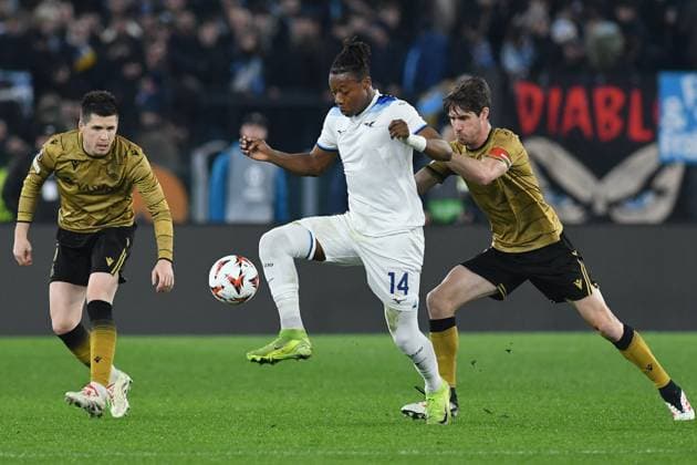Igor Zubeldia of Real Sociedad,Tijjani Noslin of SS Lazio,Javi Lopez of Real Sociedad during the Europa League qualifying round - 7th leg match between SS Lazio v Real Sociedad at Olympic stadium, Italy, Jan 23rd, 2025. & xA;Mattia Vian during SS Lazio vs Real Sociedad, Football Europa League match in Rome, Italy, January 23 2025  Copyright: xMattiaxVian IPAxSportx xipa-agency.netx xx IPA_53263809 IPA_Agency_IPA53263809