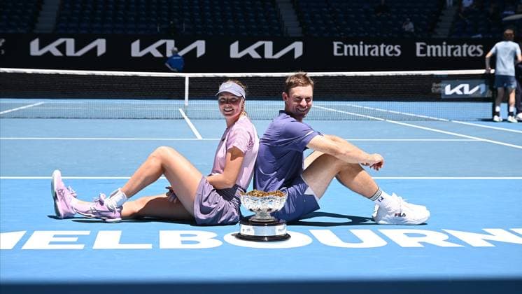 TENNIS AUSTRALIAN OPEN, Olivia Gadecki and John Peers of Australia pose with the trophy after winning their mixed doubles final match against Kimberly Birrell and John-Patrick Smith of Australia during the 2025 Australian Open at Melbourne Park in Melbourne, Friday, January 24, 2025. ( NO ARCHIVING, EDITORIAL USE ONLY, NO USE IN BOOKS WITHOUT CONSENT MELBOURNE VICTORIA AUSTRALIA  Copyright: xJAMESxROSSx 20250124125571109095