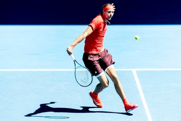 MELBOURNE, VIC - JANUARY 24: Alexander Zverev of Germany in action during the Semifinals of the 2025 Australian Open on January 24 2025, at Melbourne Park in Melbourne, Australia. (Photo by Jason Heidrich Icon Sportswire) TENNIS: JAN 24 Australian Open EDITORIAL USE ONLY Icon250124021