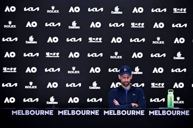 TENNIS AUSTRALIAN OPEN, Novak Djokovic of Serbia talks to the media after retiring from his semi-final match against Alexander Zverev of Germany during the 2025 Australian Open at Melbourne Park in Melbourne, Friday, January 24, 2025. ( NO ARCHIVING, EDITORIAL USE ONLY, NO USE IN BOOKS WITHOUT CONSENT MELBOURNE VICTORIA AUSTRALIA  Copyright: xJAMESxROSSx 20250124164471219734
