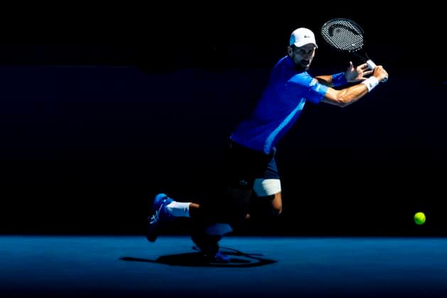 MELBOURNE, VIC - JANUARY 24: Novak Djokovic of Serbia in action during the Semifinals of the 2025 Australian Open on January 24 2025, at Melbourne Park in Melbourne, Australia. (Photo by Jason Heidrich Icon Sportswire) TENNIS: JAN 24 Australian Open EDITORIAL USE ONLY Icon250124062