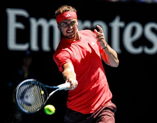 (250124) -- MELBOURNE, Jan. 24, 2025 -- Alexander Zverev hits a return during the men s singles semifinals between Novak Djokovic of Serbia and Alexander Zverev of Germany at Australian Open tennis tournament in Melbourne, Australia, Jan. 24, 2025. ) (SP)AUSTRALIA-MELBOURNE-TENNIS-AUSTRALIAN OPEN-MEN S SINGLES-SEMIFINALS MaxPing 