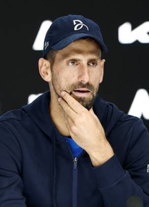 Tennis: Australian Open Novak Djokovic of Serbia attends a press conference, PK, Pressekonferenz after retiring from an Australian Open tennis tournament midway through a men s singles semifinal match against Alexander Zverev of Germany due to an injury in Melbourne on Jan. 24, 2025.  A14AA0004034045P