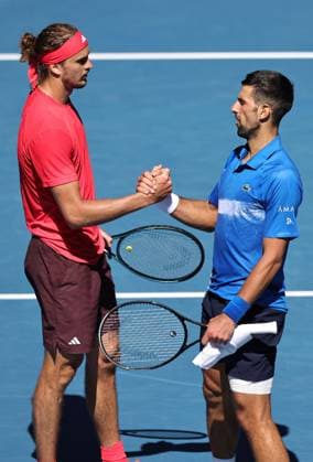 Alexander Zverev, GER, and Novak Djokovic, SRB, after retirement due to injury during semifinals of 2025 Australian Open in Melbourne, 24 01 2025; -