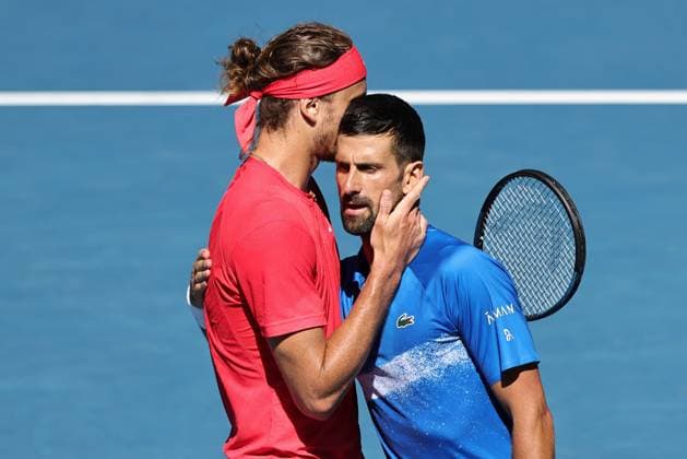 Alexander Zverev, GER, and Novak Djokovic, SRB, after retirement due to injury during semifinals of 2025 Australian Open in Melbourne, 24 01 2025; -