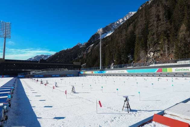 BIATHLON - IBU WC Antholz ANTHOLZ,ITALY,24.JAN.25 - BIATHLON - IBU World Cup, 10km sprint, men. Image shows overview from the shooting range.  GEPAxpictures xDavidxGeieregger