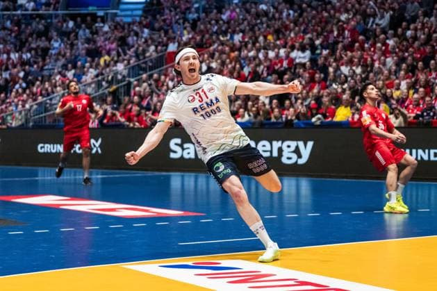 250124 Kasper Thorsen Lien of Norway celebrates during the 2025 IHF World Men s Handball Championship main round match between Chile and Norway on January 24, 2025 in Oslo. Photo: Vegard Grott BILDBYRAN kod VG VG0709 bbeng handball handboll handball ihf 2025 world mens handball championship handball-vm handbolls-vm vm chile norge norway jubel Copyright: VEGARDxGRoTT BB250124VG127
