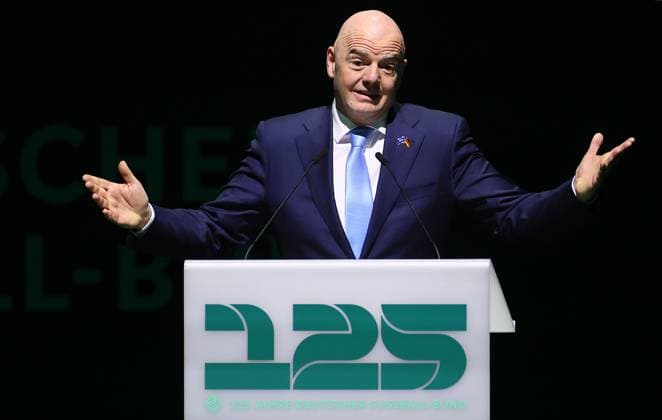Sport Themen der Woche KW04 Sport Bilder des Tages DFB 125 Jahre Leipzig, 24.01.2025, Kongresshalle, Festakt 125 Jahre DFB Jubiläum , Im Bild: FIFA-Präsident Gianni Infantino , *** DFB 125 years Leipzig, 24 01 2025, Congress Hall, Ceremony 125 years DFB anniversary , In the picture FIFA President Gianni Infantino , Picture Point