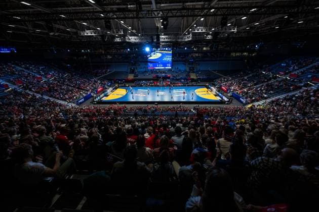 250124 General view of Unity Arena during the 2025 IHF World Men s Handball Championship main round match between Chile and Norway on January 24, 2025 in Oslo. Photo: Vegard Grott BILDBYRAN kod VG VG0709 bbeng handball handboll handball ihf 2025 world mens handball championship handball-vm handbolls-vm vm chile norge norway publik arena Copyright: VEGARDxGRoTT BB250124VG147