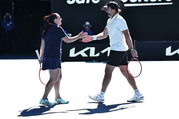 Casey Dellacqua and Patrick Rafter, AUS, during mix doubles legends cup at 2025 Australian Open in Melbourne, 24 01 2025; - 