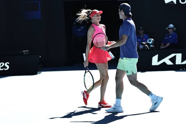 Daniela Hantuchova, SVK, and Tommy Haas, GER, during mix doubles legends cup at 2025 Australian Open in Melbourne, 24 01 2025; - 
