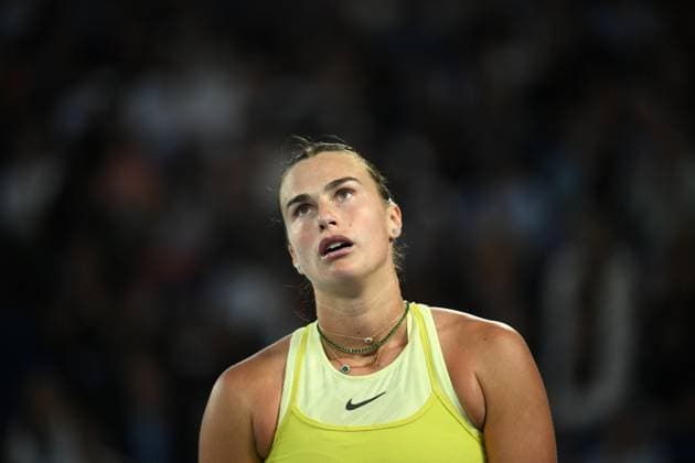 TENNIS AUSTRALIAN OPEN, Aryna Sabalenka of Belarus reacts during her Women?s final against Madison Keys of the USA during the 2025 Australian Open at Melbourne Park in Melbourne, Saturday, January 25, 2025. ( NO ARCHIVING, EDITORIAL USE ONLY, NO USE IN BOOKS WITHOUT CONSENT MELBOURNE VICTORIA AUSTRALIA  Copyright: xJOELxCARRETTx 20250125159241833293