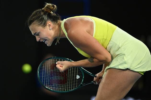 TENNIS AUSTRALIAN OPEN, Aryna Sabalenka of Belarus reacts during her Women?s final against Madison Keys of the USA during the 2025 Australian Open at Melbourne Park in Melbourne, Saturday, January 25, 2025. ( NO ARCHIVING, EDITORIAL USE ONLY, NO USE IN BOOKS WITHOUT CONSENT MELBOURNE VICTORIA AUSTRALIA  Copyright: xJOELxCARRETTx 20250125180030681079
