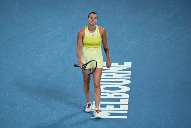 TENNIS AUSTRALIAN OPEN, Aryna Sabalenka of Belarus reacts during the Women?s final against Madison Keys of the USA during the 2025 Australian Open at Melbourne Park in Melbourne, Saturday, January 25, 2025. ( NO ARCHIVING, EDITORIAL USE ONLY, NO USE IN BOOKS WITHOUT CONSENT MELBOURNE VICTORIA AUSTRALIA  Copyright: xJAMESxROSSx 20250125110429219846