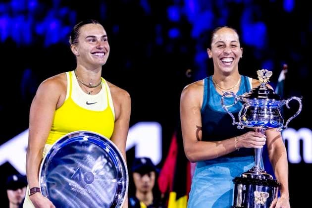 MELBOURNE, VIC - JANUARY 25: Madison Keys of the United States of America and Aryna Sabalenka of Belarus hold their respective trophies at the end of their Women s Singles Finals match of the 2025 Australian Open on January 25 2025, at Melbourne Park in Melbourne, Australia. (Photo by Jason Heidrich Icon Sportswire) TENNIS: JAN 25 Australian Open EDITORIAL USE ONLY Icon250125014