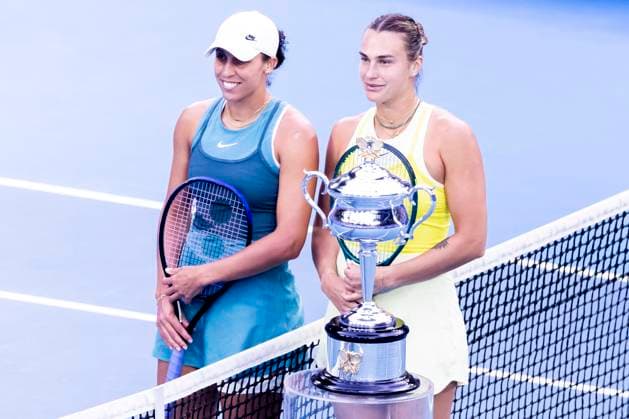 MELBOURNE, VIC - JANUARY 25: Madison Keys of the United States of America and Aryna Sabalenka of Belarus stand prior to the commencement of their Women s Singles Finals match of the 2025 Australian Open on January 25 2025, at Melbourne Park in Melbourne, Australia. (Photo by Jason Heidrich Icon Sportswire) TENNIS: JAN 25 Australian Open EDITORIAL USE ONLY Icon250125025
