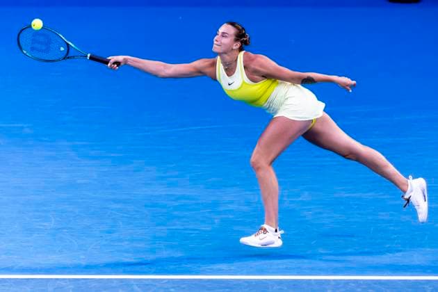 MELBOURNE, VIC - JANUARY 25: Aryna Sabalenka of Belarus in action during the Women s Singles Finals of the 2025 Australian Open on January 25 2025, at Melbourne Park in Melbourne, Australia. (Photo by Jason Heidrich Icon Sportswire) TENNIS: JAN 25 Australian Open EDITORIAL USE ONLY Icon250125085