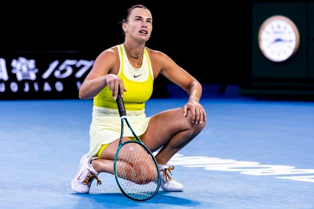 MELBOURNE, VIC - JANUARY 25: Aryna Sabalenka of Belarus in action during the Women s Singles Finals of the 2025 Australian Open on January 25 2025, at Melbourne Park in Melbourne, Australia. (Photo by Jason Heidrich Icon Sportswire) TENNIS: JAN 25 Australian Open EDITORIAL USE ONLY Icon250125102