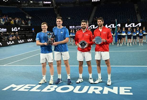 TENNIS AUSTRALIAN OPEN, L-R: Harri Heliovaara of Finland , Henry Patten of Great Britain, Andrea Vavassori and Simone Bolelli of Italy pose with their trophies following the Men?s doubles final during the 2025 Australian Open at Melbourne Park in Melbourne, Saturday, January 25, 2025. ( NO ARCHIVING, EDITORIAL USE ONLY, NO USE IN BOOKS WITHOUT CONSENT MELBOURNE VICTORIA AUSTRALIA  Copyright: xJAMESxROSSx 20250126188408857560