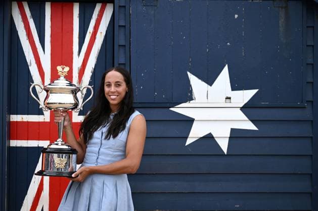 AUSTRALIAN OPEN WOMENS FINAL WINNER, Madison Key of the USA poses for a photograph the with the Daphne Akhurst Memorial Cup at the Brighton Bathing Boxes in Melbourne, Sunday, January 26, 2025. Madison Keys has claimed her maiden Grand Slam singles title, winning the Australian Open 2025 women?s crown at Melbourne Park. ( NO ARCHIVING, EDITORIAL USE ONLY, NO USE IN BOOKS WITHOUT CONSENT MELBOURNE VICTORIA AUSTRALIA  Copyright: xJOELxCARRETTx 20250126180144756832