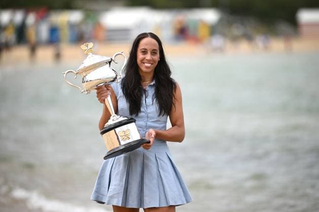 AUSTRALIAN OPEN WOMENS FINAL WINNER, Madison Key of the USA poses for a photograph the with the Daphne Akhurst Memorial Cup at the Brighton Bathing Boxes in Melbourne, Sunday, January 26, 2025. Madison Keys has claimed her maiden Grand Slam singles title, winning the Australian Open 2025 women?s crown at Melbourne Park. ( NO ARCHIVING, EDITORIAL USE ONLY, NO USE IN BOOKS WITHOUT CONSENT MELBOURNE VICTORIA AUSTRALIA  Copyright: xJOELxCARRETTx 20250126166407278953